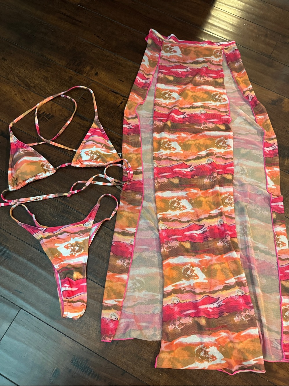 SHEIN Pink Orange Multi 3-Piece Mesh Bikini Set